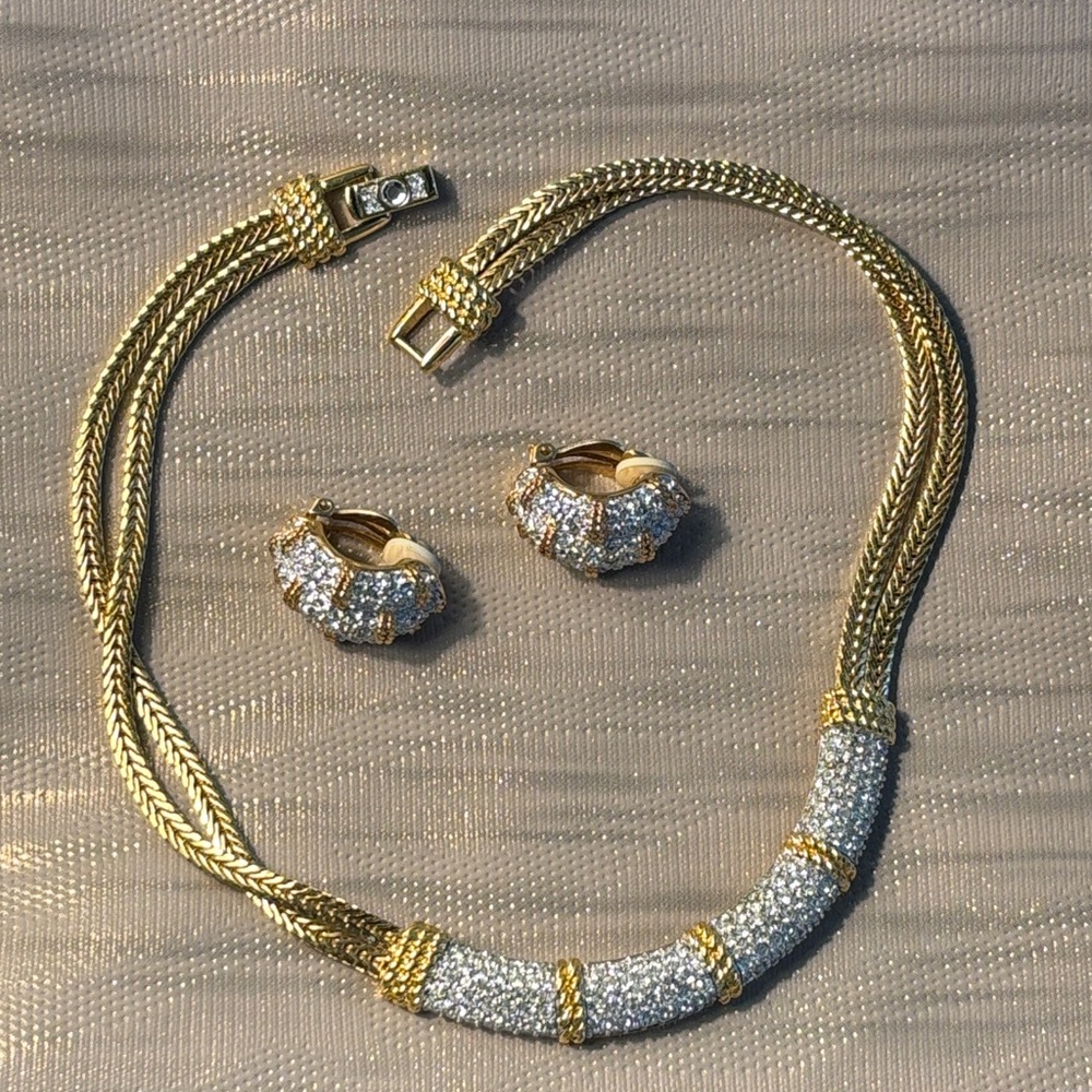Authentic Vintage Swarovski Signed Elegant Gold and Silver Necklace  Earring Set